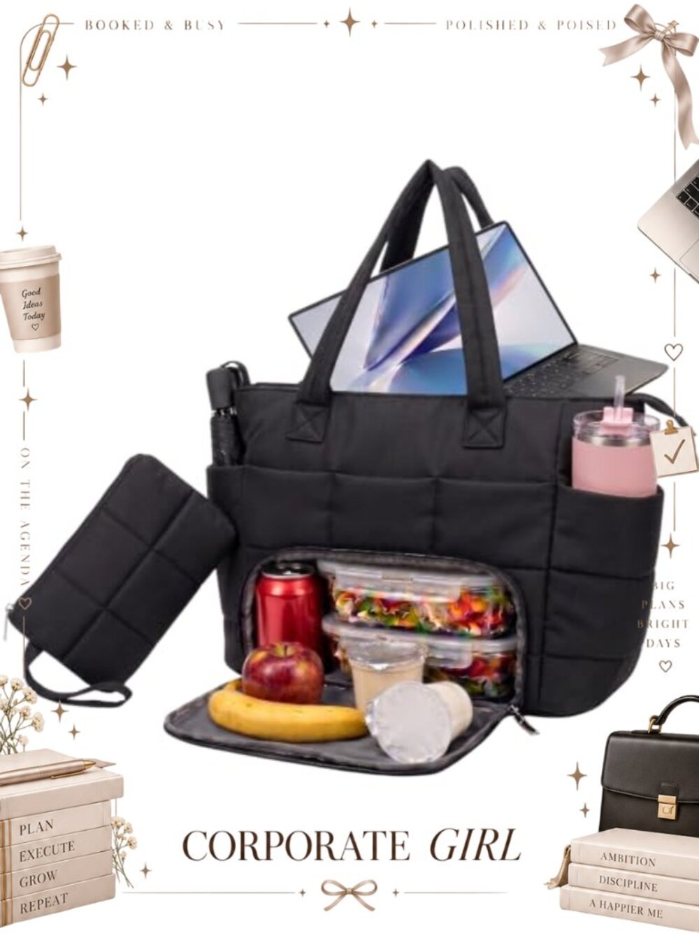 Puffer Tote Bag with Insulated Lunch Compartment Fits 15.6" Laptop